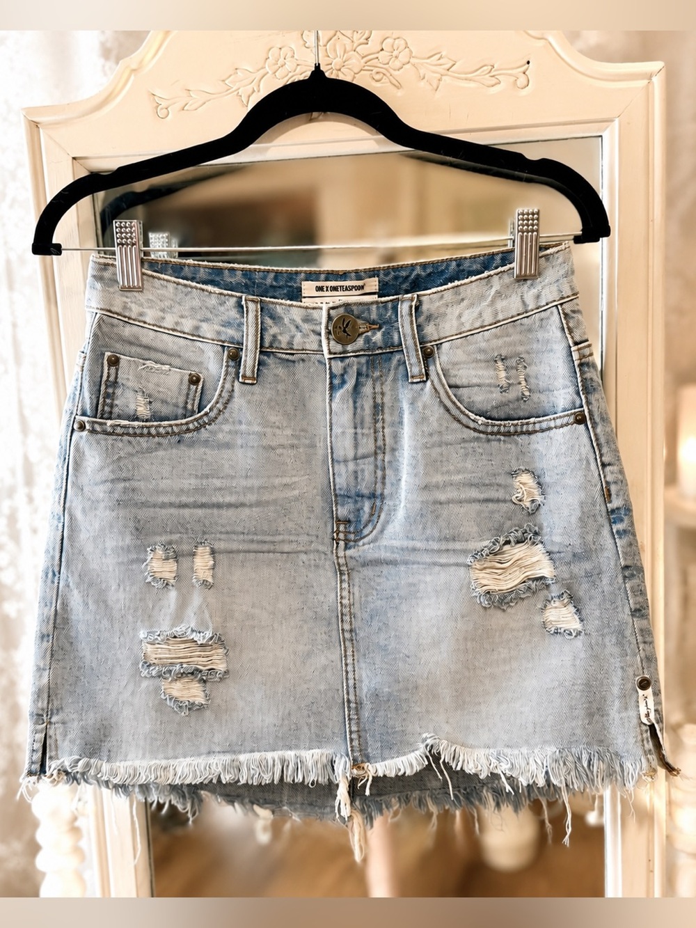 ONE x ONETEASPOON Distressed Denim Mini Skirt | Size 27 | Raw Hem | Light Wash
